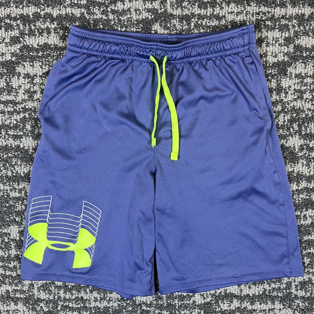 Under Armour Shorts Youth Large HeatGear Blue Neon Green Big Logo Athletic